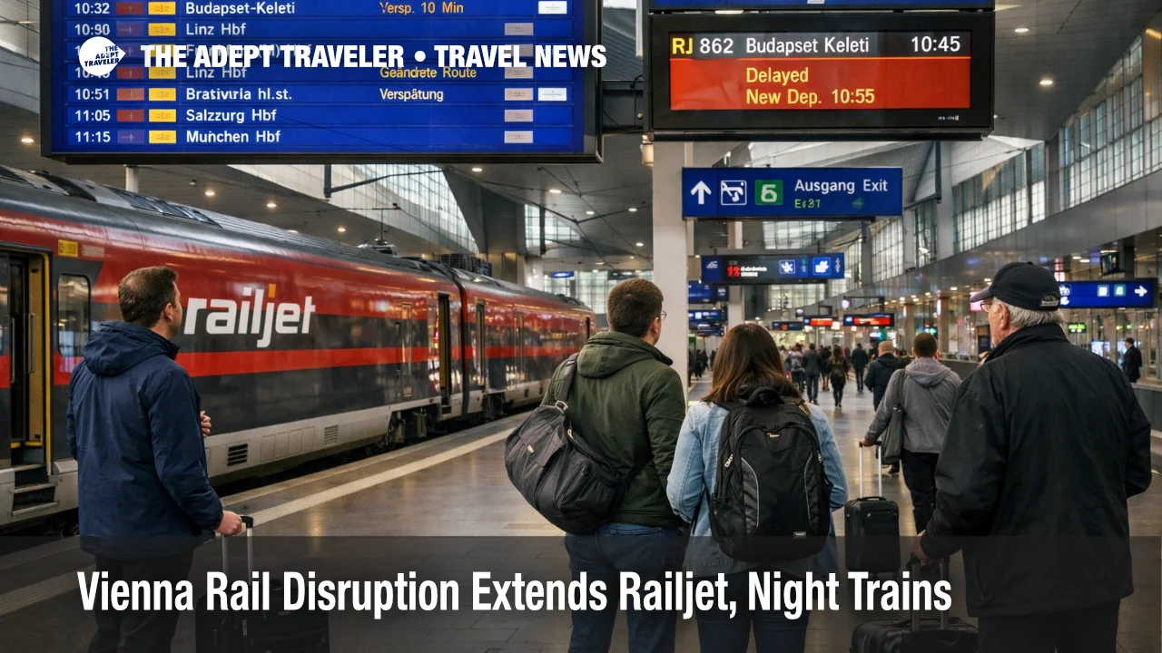 Vienna rail disruption at Wien Hauptbahnhof shows Railjet passengers checking amended departures during March works