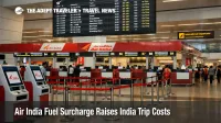 Air India fuel surcharge reflected in a Delhi airport check in hall, showing the booking process behind higher India trip costs