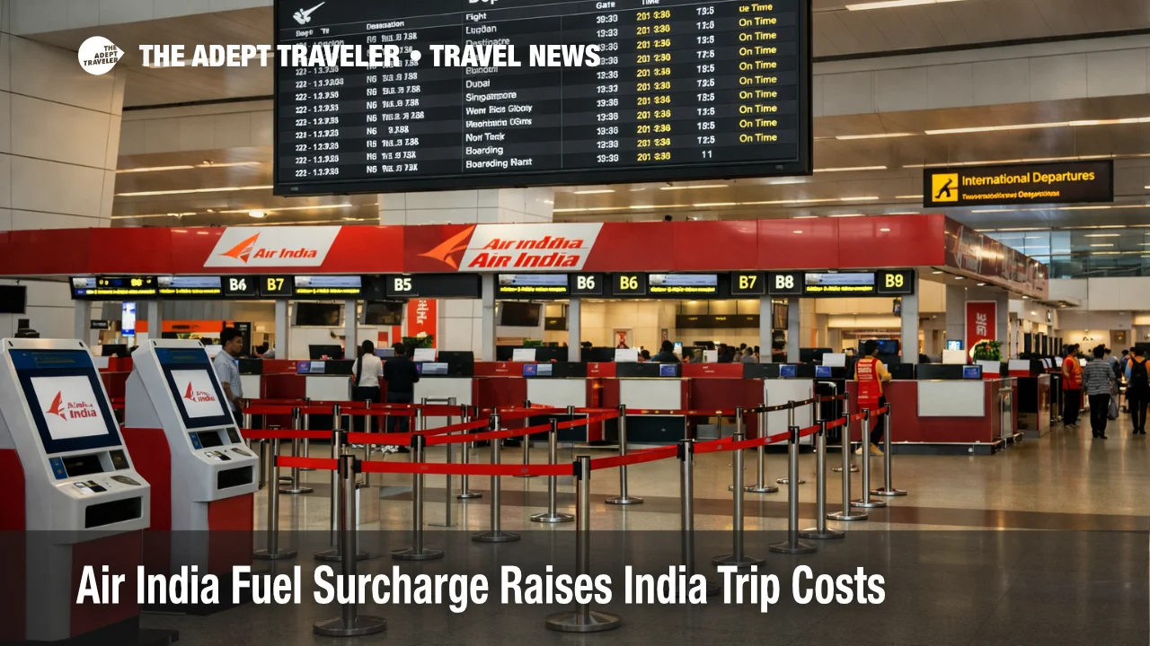 Air India fuel surcharge reflected in a Delhi airport check in hall, showing the booking process behind higher India trip costs