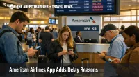 American Airlines delay reasons shown by travelers checking phones beneath delayed flight boards at DFW