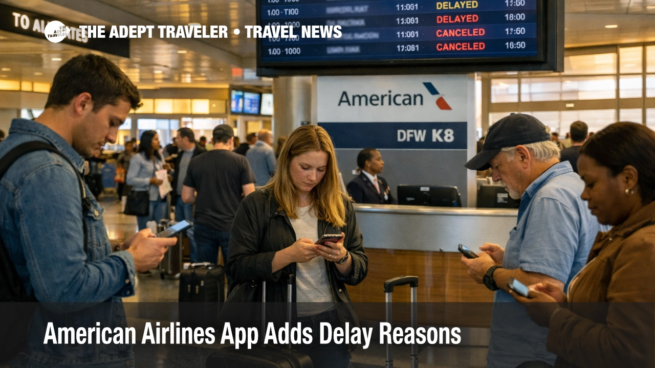 American Airlines delay reasons shown by travelers checking phones beneath delayed flight boards at DFW