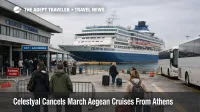 Celestyal Aegean cruises canceled scene at Piraeus with cruise terminal queues and disrupted Athens embarkation plans