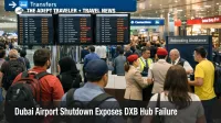 Dubai airport shutdown scene at DXB with travelers watching delay boards during reduced operations on March 16