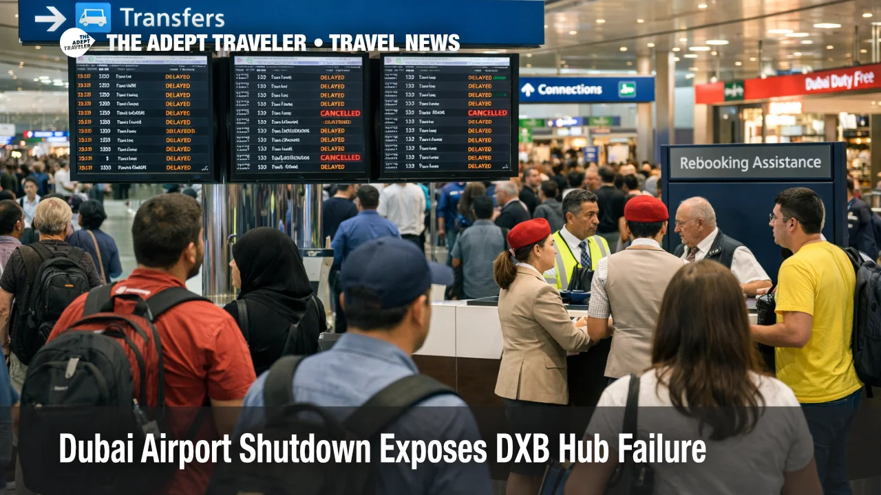 Dubai airport shutdown scene at DXB with travelers watching delay boards during reduced operations on March 16