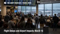 March 16 flight delays at Atlanta airport shown by crowded gates, delay screens, and wet ramp conditions