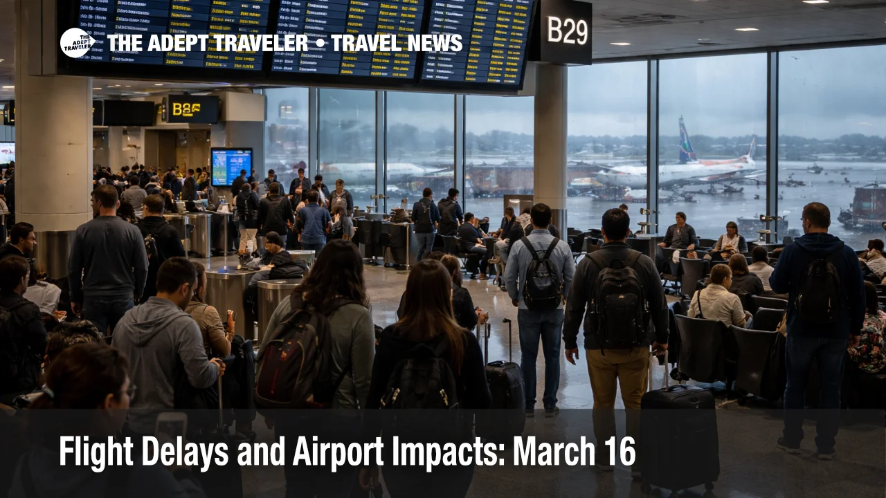March 16 flight delays at Atlanta airport shown by crowded gates, delay screens, and wet ramp conditions