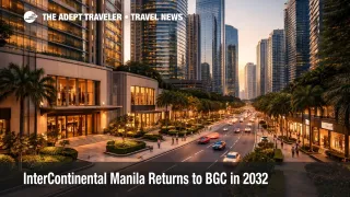 InterContinental Manila return to BGC shown through a modern Bonifacio Global City luxury hotel district skyline at dusk