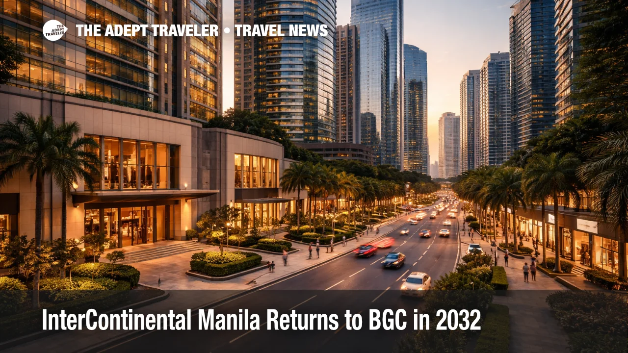 InterContinental Manila return to BGC shown through a modern Bonifacio Global City luxury hotel district skyline at dusk