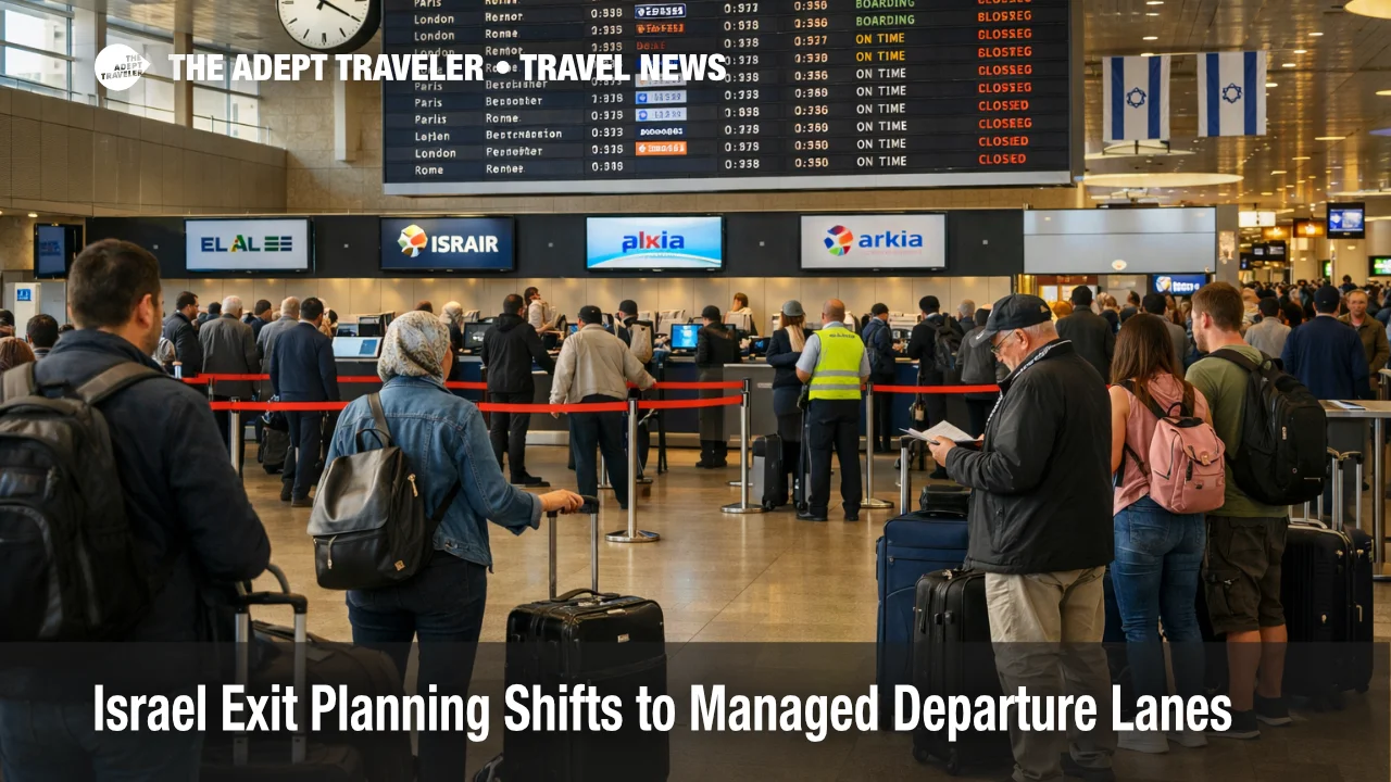 Israel exit planning at Ben Gurion shows waiting travelers under limited outbound departure conditions