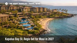 Kapalua Bay St. Regis transition scene showing the Maui oceanfront resort setting before the planned 2027 rebrand