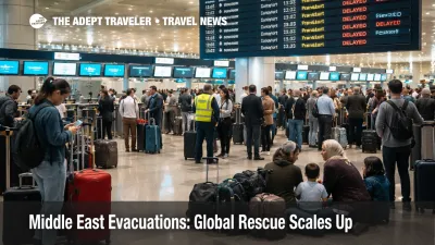 Middle East evacuation support scene at Dubai airport shows stranded travelers waiting near delayed departure screens
