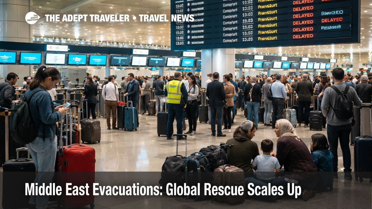 Middle East evacuation support scene at Dubai airport shows stranded travelers waiting near delayed departure screens