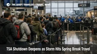 TSA shutdown spring break travel strain at Chicago O'Hare shows long airport lines and storm delayed departures