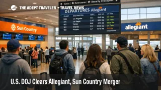 Allegiant Sun Country merger scene at MSP shows travelers watching departure boards as DOJ clearance moves the airline deal forward