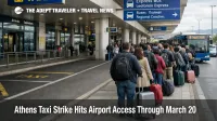 Athens taxi strike airport access shown by an empty ATH taxi rank and longer bus queues outside arrivals