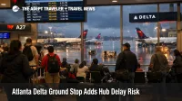 Atlanta Delta ground stop at ATL shown by waiting passengers and delayed departures during storm disruption