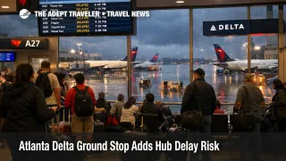 Atlanta Delta ground stop at ATL shown by waiting passengers and delayed departures during storm disruption
