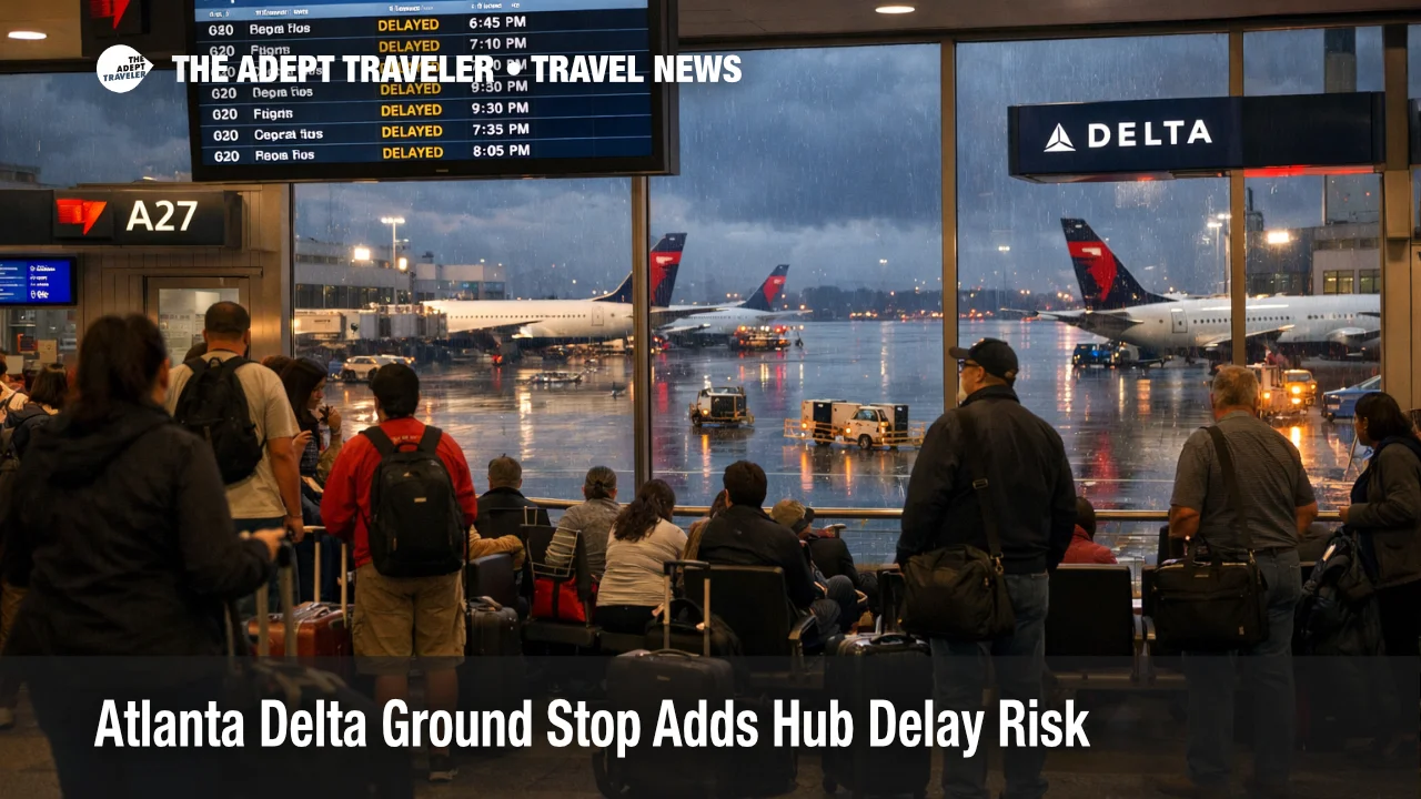 Atlanta Delta ground stop at ATL shown by waiting passengers and delayed departures during storm disruption