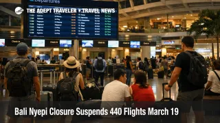 Bali Nyepi airport closure at DPS shown through departure boards and waiting travelers before the March 19 shutdown