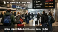 Basque Euskotren strike at Bilbao Matiko station shows reduced service and waiting travelers on March 17