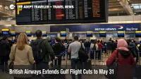Travelers wait near Heathrow departure boards as British Airways Gulf flight cuts push spring rebooking decisions