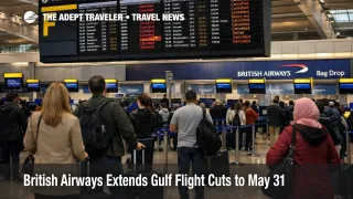 Travelers wait near Heathrow departure boards as British Airways Gulf flight cuts push spring rebooking decisions