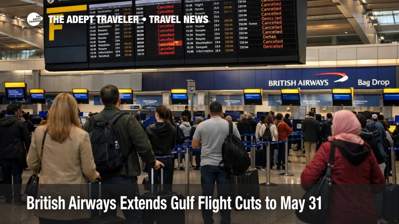 Travelers wait near Heathrow departure boards as British Airways Gulf flight cuts push spring rebooking decisions
