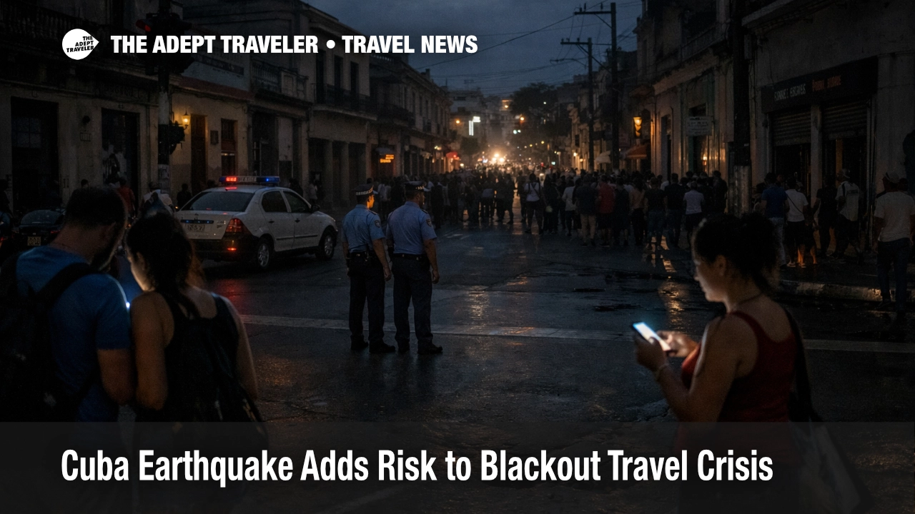 Travelers move through a dark Santiago de Cuba street during Cuba earthquake travel risk and blackout disruption