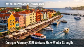 Curaçao February 2026 arrivals growth reflected in a busy Willemstad waterfront and active harbor tourism scene