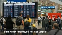 Dubai airport disruptions show waiting travelers and departure screens at DXB as reduced operations continue after resumed flights