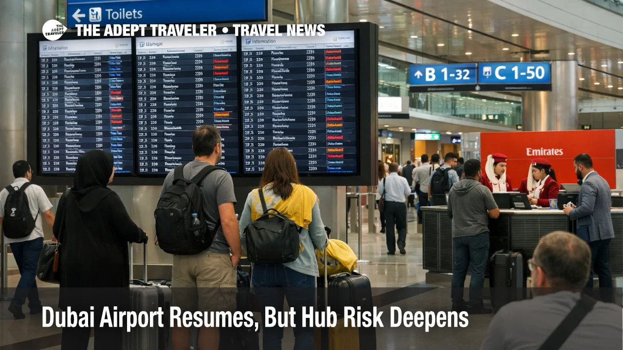 Dubai airport disruptions show waiting travelers and departure screens at DXB as reduced operations continue after resumed flights