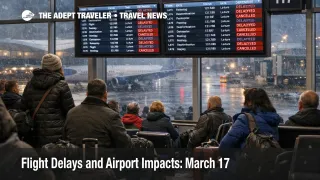 March 17 flight delays at Chicago O'Hare show crowded gates, delay boards, and wintry ramp conditions during recovery