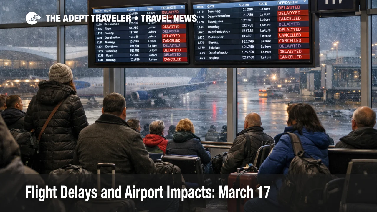 March 17 flight delays at Chicago O'Hare show crowded gates, delay boards, and wintry ramp conditions during recovery