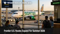Frontier new U.S. routes launch at Dallas Fort Worth as travelers wait near a gate for a summer nonstop departure