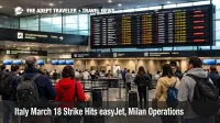 Italy March 18 strike scene at Milan Malpensa with waiting travelers and delay screens during easyJet disruption