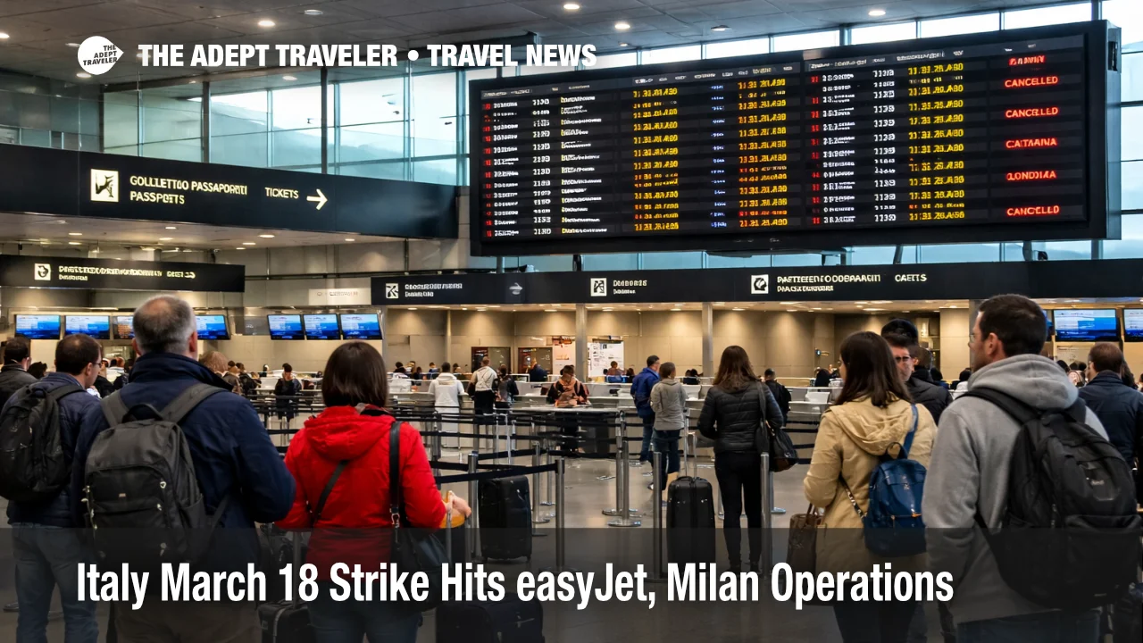 Italy March 18 strike scene at Milan Malpensa with waiting travelers and delay screens during easyJet disruption