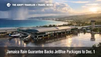 Jamaica rain guarantee story scene at Montego Bay airport with wet pavement and clearing skies during package travel