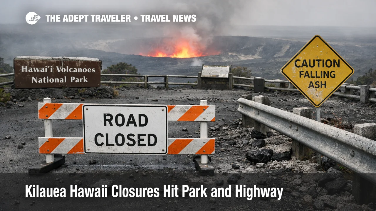 Kilauea Hawaii closures show tephra near Hawaiʻi Volcanoes National Park as summit fallout disrupts road access