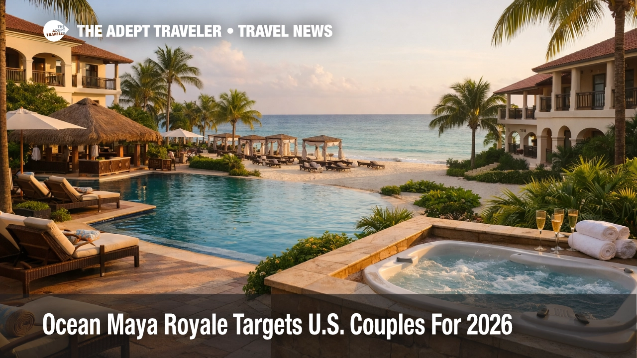 Ocean Maya Royale 2026 shows a quiet adults-only Riviera Maya beachfront resort scene near Playa del Carmen