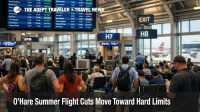 O'Hare summer flight cuts shown by crowded ORD gates and departure boards as travelers face thinner summer schedules