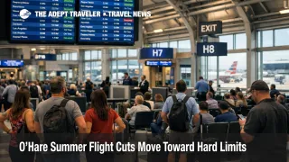 O'Hare summer flight cuts shown by crowded ORD gates and departure boards as travelers face thinner summer schedules