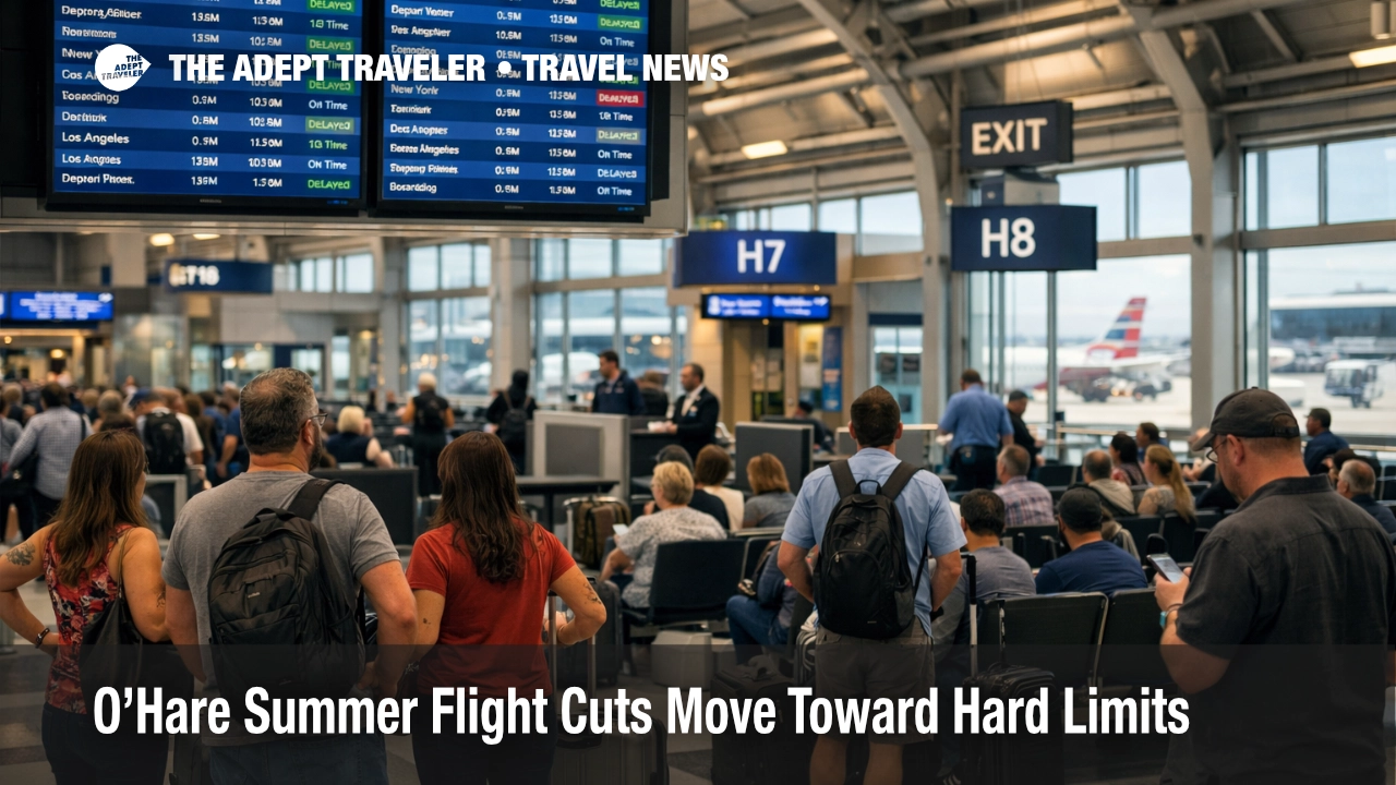 O'Hare summer flight cuts shown by crowded ORD gates and departure boards as travelers face thinner summer schedules