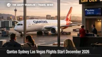 Qantas Sydney Las Vegas flights launch scene at Harry Reid Airport with a 787 at the gate and travelers waiting