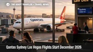 Qantas Sydney Las Vegas flights launch scene at Harry Reid Airport with a 787 at the gate and travelers waiting