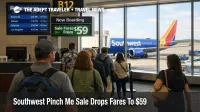 Southwest Pinch Me sale scene at Chicago Midway shows travelers near a gate as spring domestic fares start at $59