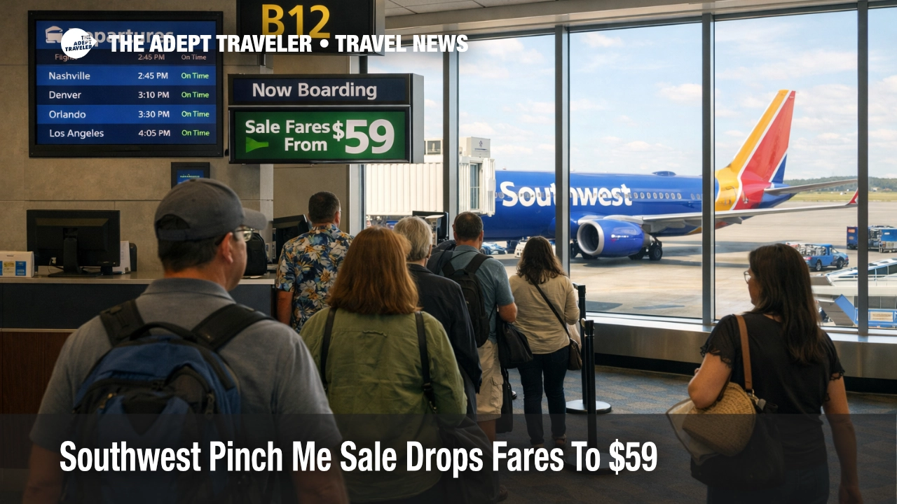 Southwest Pinch Me sale scene at Chicago Midway shows travelers near a gate as spring domestic fares start at $59