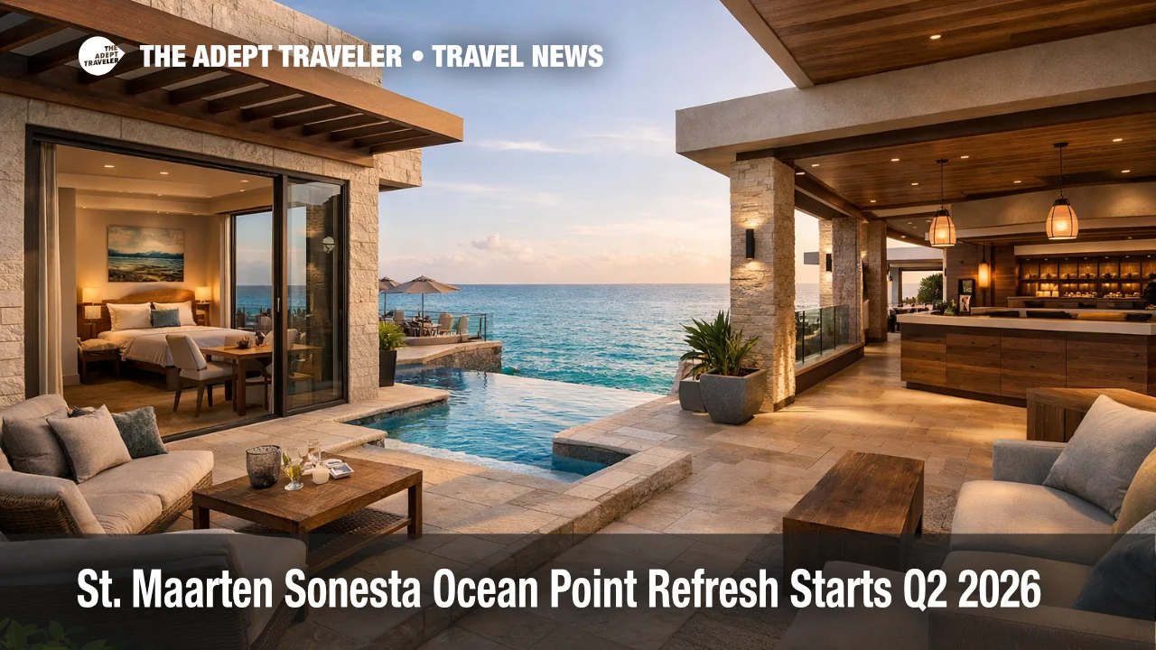 Sonesta Ocean Point renovation in St. Maarten shown through an updated oceanfront suite and refined lobby arrival setting
