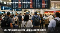 Travelers watch delay boards at Dubai airport after the UAE airspace shutdown disrupted Gulf hub connections