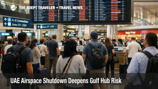 Travelers watch delay boards at Dubai airport after the UAE airspace shutdown disrupted Gulf hub connections