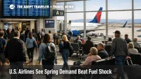 U.S. airline spring demand shown by a busy airport concourse and full gate area as carriers report stronger March bookings
